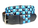 Snap On Punk Rock Black & Azure Blue Star Studded Checker Board Pattern Leather Belt