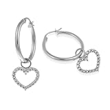 Sterling Silver Heart Drop with Diamond-Accent Hoop Earrings (0.8
