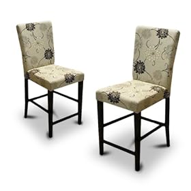 2 New Off White Beige Parson Bar Stools Chairs with a Floral Print and Cappuccino Espresso... by The Furniture Cove