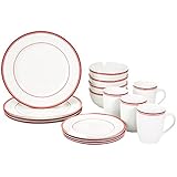 AmazonBasics 16-Piece Cafe Stripe Dinnerware Set, Service for 4 - Red
