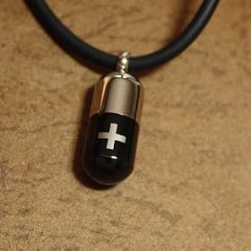 J1030 Strong and Distinctive: Designer Inspired Black Cross Pill Stainless Steel Men's Pendant Silver Cross Capsule Necklace for Men Chain on a Rubber Cord Presentation Box