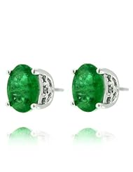 14k White Gold Oval Emerald Gemstone and Diamond Earring, Birthstone of May