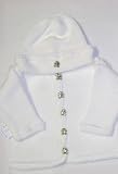 Knitted on Hand Knitting Machine White Cotton Hand Crochet Finished Infant Boys Cardigan, Hat Set Trimmed with Trimmed with Antique Brass Teddy Bear Buttons