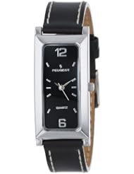 Peugeot Womens 318BK Silver-Tone Black Leather Strap Watch