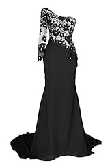 Sexy Chiffon Long Sleeves One Shoulder Applique Backless Lace Crystal Mermaid Evening Dress/Prom Dress/Party Dress  with a Brush/Sweep Train 