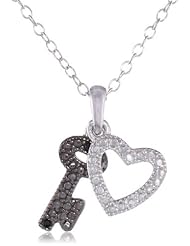 Sterling Silver White and Black Diamond Accent Heart and Key Pendant Necklace (0.03 cttw, H-I Color, I1-I2 Clarity), 18"