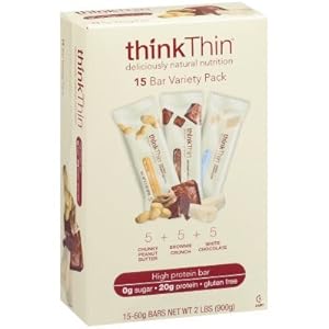 thinkThin Variety Pack (Chunky Peanut, Brownie Crunch, White Chocolate Chip), Gluten Free, 2.1-Ounce Bars (Pack of 15)
