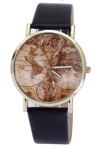 Vogue Elegant World Map Pattern Bracelet Wrist Watches Women Casual PU Leather Black