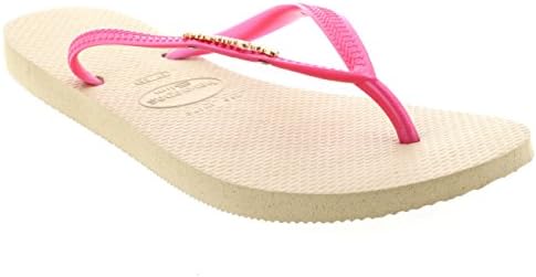 Womens Havaianas Slim Logo Metallic Vacation Beach Flip Flop Sandal - Sand Gray/Fuchsia - 7/8