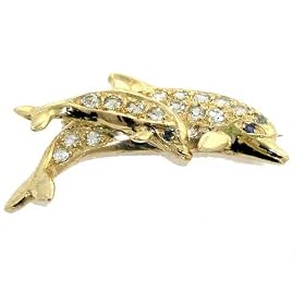 9K Yellow Gold Heavy Solid Mother and Baby Dolphin Brooch Pin set with Real... by LetsBuyGold