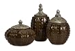 Set of 3 Textured Brown Decorative Ceramic Canisters with Finial Lids