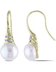 10k Yellow Gold 10.5-11 MM Freshwater Cultured Pearl, and Accent Diamond Earrings (0.024 Cttw, G-H Color, I1-I2 Clarity)