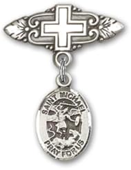 Sterling Silver Baby Badge with St. Michael the Archangel Charm and Badge Pin with Cross