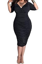 Plus Size V-neck Silk/Spandex Pleated Stretchy  Bodycon Dress/Club Dress/Party Dress  With Ruffles