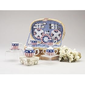 Click here to buy Patriotic Porcelain Tea Set for 4 incl. Wicker Basket.