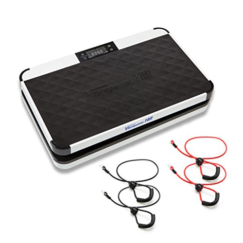 Vibrapower HIIT Home Fitness Vibration Plate Trainer with 4 High Intensity Machine Modes, Built in Bluetooth & 2 Sets of Resistance Bands, Black/White Vibrapower HIIT Home Fitness Vibration Plate Trainer with 4 High Intensity Machine Modes, Built in Bluetooth & 2 Sets of Resistance Bands, Black/White