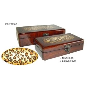 Rectangular Lined Wooden Box with Leopard Print and Latch Hook (Set of 2)