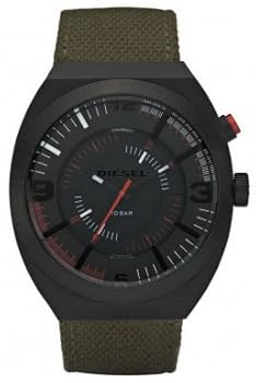 Diesel #DZ1412 Men's Green Canvas Strap LED Red Light Analog Black Dial Watch
