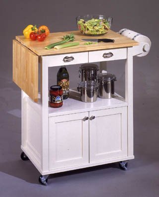 White Wood Top Kitchen Cart with Drop Leaf