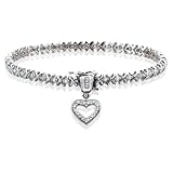 14K White Gold 1 ct. Round and Baguette Cut Diamond Tennis Bracelet with Heart Charm