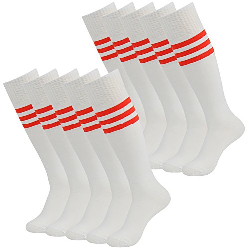 3street Unisex Teens Cotton Cushioned Wicking Moisture Away Soccer Football Sport Tube Socks White+red stripe 10-Pairs, one size fits all