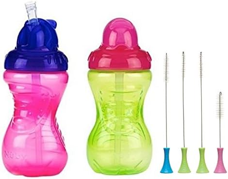 Nuby 2 Pack No Spill Flip-It Cup, 10 Ounce with Cleaning Brush Set, Pink/Green