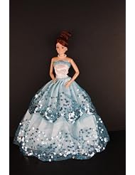 Toy: Lanlan Blue Ball Gown with Light Blue Sequined Lace Details Made to Fit the Barbie Doll - Lanlan