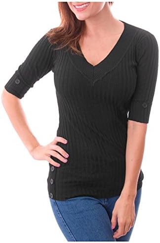 G2 Chic Women's Solid Knit V-Neck Long Sleeve Top(TOP-CAS,BLK-S)