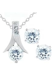 2.25 Ct Round Aquamarine .925 Silver Pendant and Earrings Set 18" Chain