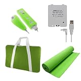 Skque Nintendo Wii Fit Carrying Green Bag + Fit Battery 2800 mah Pack + Green Fit Mat Exercise Mat + Green Remote Controller Silicone Skin Case Bundle Kit Set