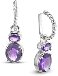 CleverEve Luxury Series Dangling Rhodium Plated Sterling Silver Earrings w/ Prong Set Oval Cut Natural Genuine Amethyst Stones