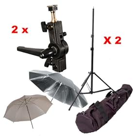 CowboyStudio Double Flash Shoe Swivel Bracket Kit with 2 Mounting Brackets, 2 Umbrellas, 2 Stand Stands, and Carry Case