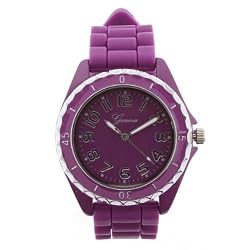 Geneva Purple Silicone Gel Ceramic Style Band Crystal Bezel Watch