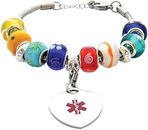 Fashion Colorful Glass Beaded Medical Identification Bracelet w/ Heart Charm
