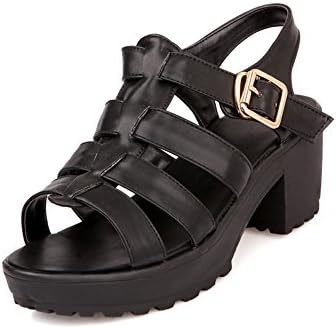 QueenFam Girls Open Toe Kitten Heel Chunky Heels PU Soft Material Solid Sandals with Buckle, Black, 39