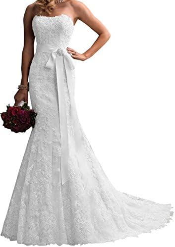 Endofjune Angel Bride White Elegant Mermaid Strapless Train Lace Bridal Gowns US-12 White