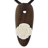 Hand Carved Bone Rose On Wood Spear Head Pendant