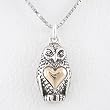 Owl Pendant or Charm with Heart in Sterling Silver and 14kt Gold on 16" Rhodium and Sterling Box Chain, #8270