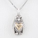 Owl Pendant or Charm with Heart in Sterling Silver and 14kt Gold on 16" Rhodium and Sterling Box Chain, #8270
