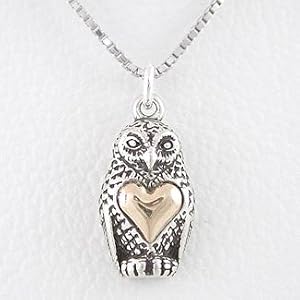 Owl Pendant or Charm with Heart in Sterling Silver and 14kt Gold on 16" Rhodium and Sterling Box Chain, #8270