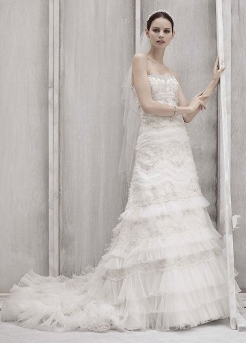 David’s Bridal Wedding Dress: Petite Strapless Lace and Tulle Slim Gown Style 7CWG352