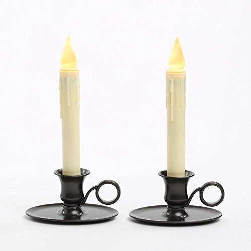 Set of 2 Classic Flameless Ivory Drip Taper LED Candles with Oil Rubbed Bronze Finish Candlesticks with Holder and Auto Eight Hour Timer