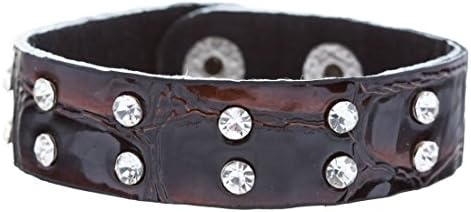 Crystalbella Crystal Studs Faux Alligator Leather Wristband Cuff Bracelet Snap Closure Brown
