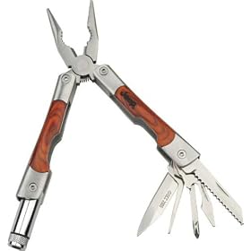 Wood-Inset Multi-Tool with LED Light and Belt Pouch