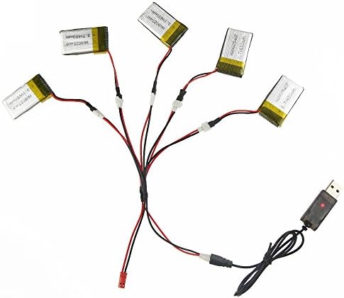 Coolplay 5pcs Upgrade Syma X5C X5 3.7V 650mAh Lipo Battery with USB Charger Cable & 1 to 5 JST Plug Charging Cable,Spare Parts for RC Quadcopter