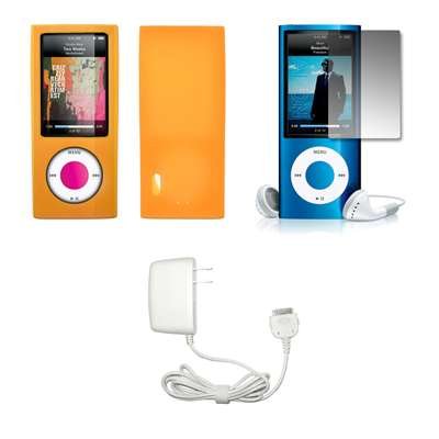 Premium Orange Soft Silicone Gel Skin Cover Case + Crystal Clear LCD Screen Protector + Wall Home/Travel Charger for Apple iPod Nano 5G, 5th Generation