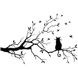 Black Tree Branches with a Cat on the Tree Wall Decal for Home Decor