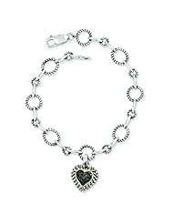 Sterling Silver with 14k Gold 1/4ct. Black Diamond Heart 8in Link Bracelet - Antique Boutique - Vintage Style - Jewelry