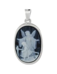 Sterling Silver Natural Blue Agate Cameo Guardian Angel w/ Little Girl Pendant 18x13mm