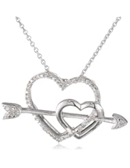 Sterling Silver Diamond Double Heart and Straight Arrow Pendant Necklace (1/10 cttw, I-J, I2-I3 Clarity), 18"